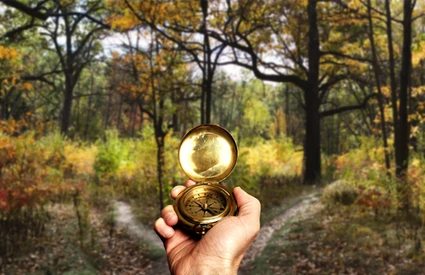 Visioning landing page image - photo of a hand holding a compass looking towards a fork in a forest road